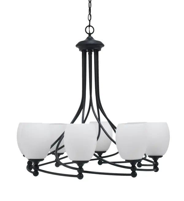 The Capri chandelier combines striking matte black finish with soft white linen glass shades, creating sophisticated illumination for large spaces. Its 31.5" width and adjustable height make it ideal for dining rooms and entryways.