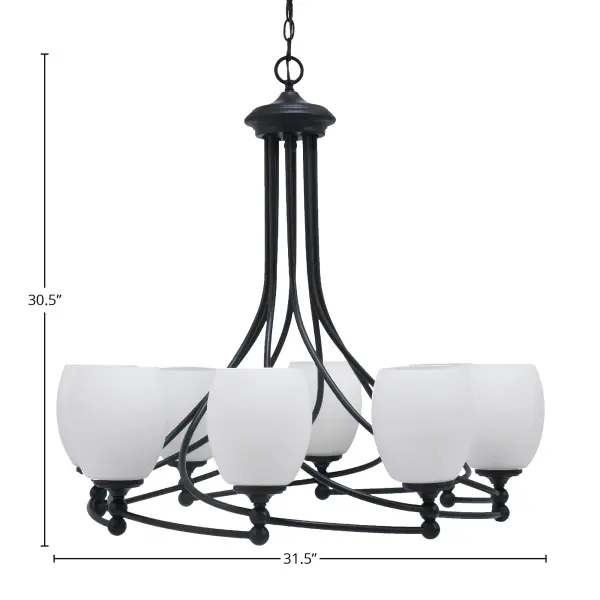 The Capri chandelier combines striking matte black finish with soft white linen glass shades, creating sophisticated illumination for large spaces. Its 31.5" width and adjustable height make it ideal for dining rooms and entryways. - alternate view