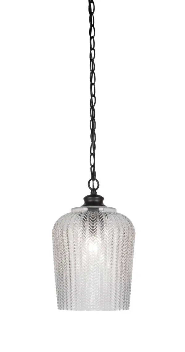 The Cordova pendant combines industrial-inspired matte black finish with elegant textured glass for a versatile lighting solution. Compact 9-inch diameter makes it perfect for kitchen islands, dining areas, or entryways.