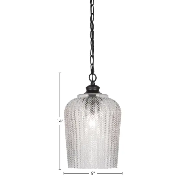 The Cordova pendant combines industrial-inspired matte black finish with elegant textured glass for a versatile lighting solution. Compact 9-inch diameter makes it perfect for kitchen islands, dining areas, or entryways. - alternate view