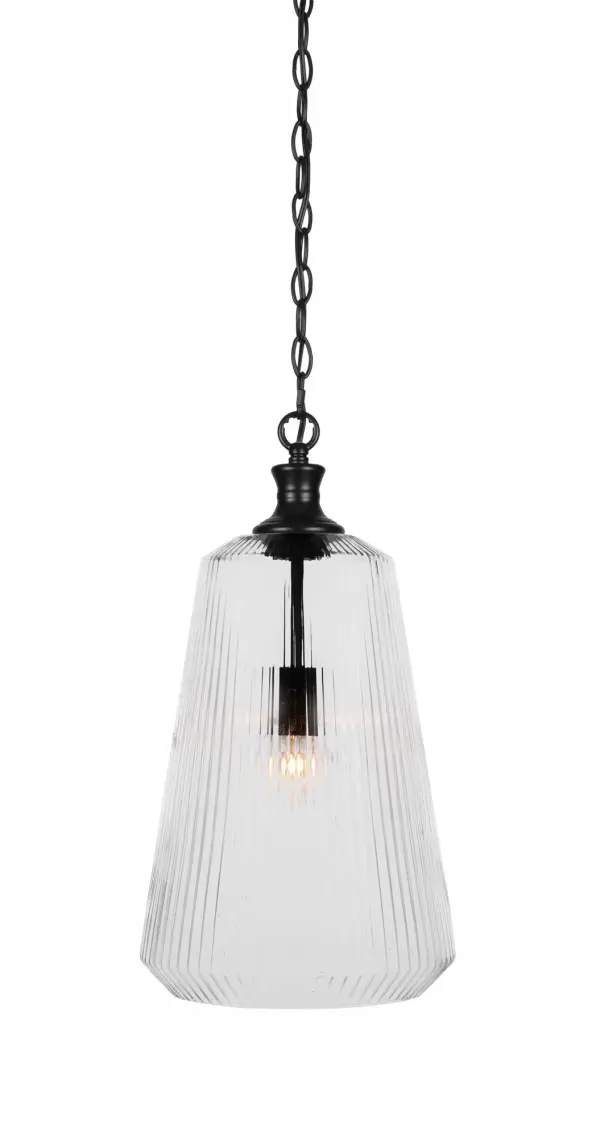 The Carina pendant combines modern matte black finish with textured clear ribbed glass for sophisticated lighting. Its compact 11-inch diameter makes it ideal for kitchen islands, dining areas, and entryways.