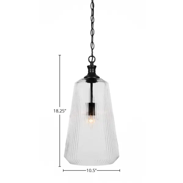 The Carina pendant combines modern matte black finish with textured clear ribbed glass for sophisticated lighting. Its compact 11-inch diameter makes it ideal for kitchen islands, dining areas, and entryways. - alternate view