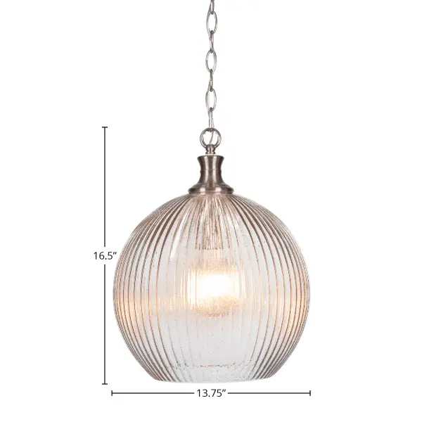 The Carina pendant combines brushed nickel elegance with distinctive micro bubble ribbed glass that creates beautiful light diffusion. Its compact 13.75" size makes it perfect for smaller spaces while the adjustable chain allows versatile installation heights. - alternate view