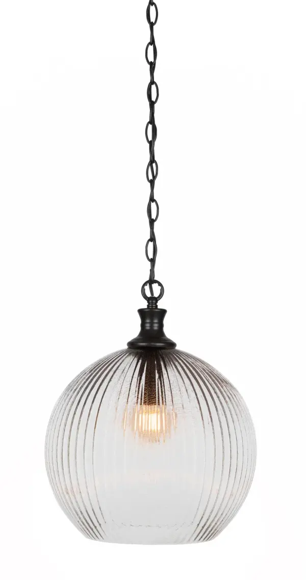 The Carina pendant combines a sleek matte black finish with distinctive micro bubble ribbed glass to create captivating light patterns. Energy-efficient LED technology and adjustable hanging height make it practical for various spaces.