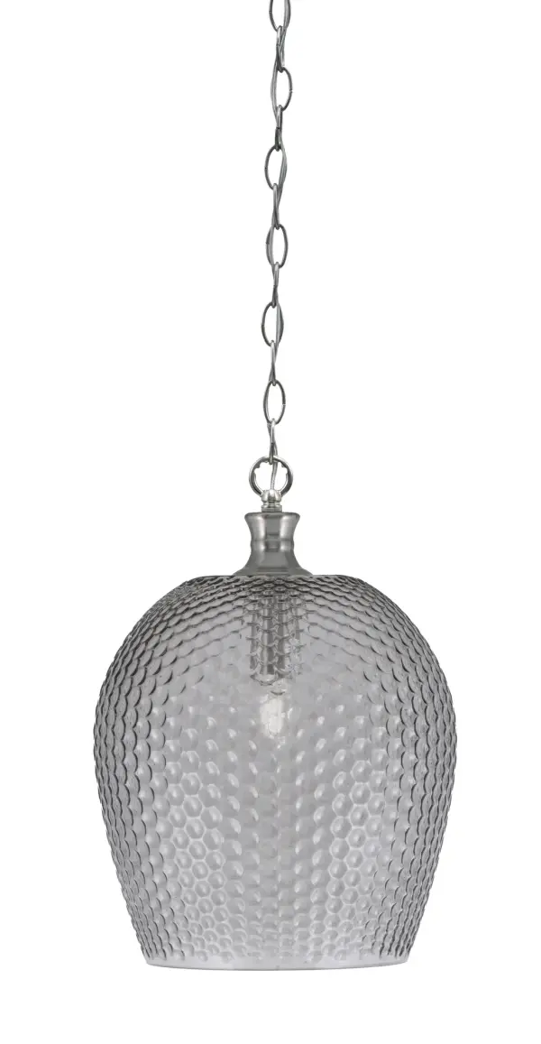 The Zola pendant combines contemporary styling with versatile functionality. Its 12-inch smoke textured glass shade and brushed nickel finish create elegant illumination perfect for kitchen islands and dining spaces.