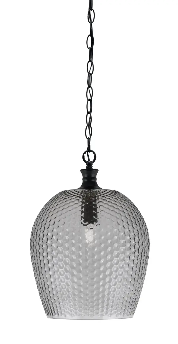 The Zola pendant combines contemporary styling with industrial charm through its matte black finish and 12-inch smoke textured glass shade. Ideal for creating focused task lighting or ambient illumination over dining tables and kitchen islands.