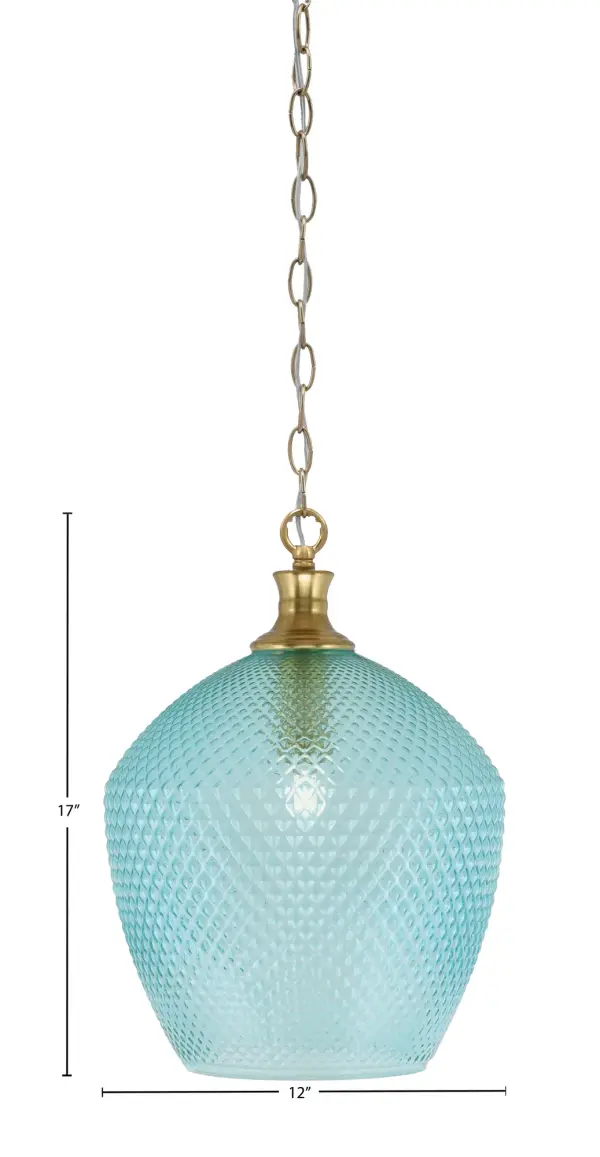 The Zola pendant combines warm New Age Brass with vibrant turquoise textured glass for a sophisticated yet playful look. Its compact 12-inch diameter makes it ideal for smaller spaces or grouped installations. - alternate view