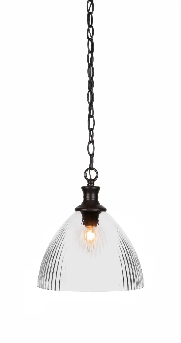 The Carina pendant combines modern sophistication with industrial charm through its matte black finish and clear ribbed glass shade. At 10.75 inches wide, it's perfectly sized for kitchen islands, dining areas, and entryways.