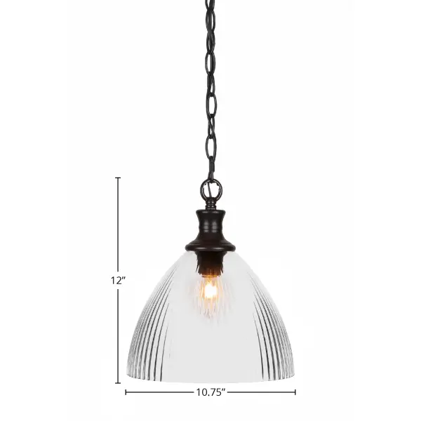 The Carina pendant combines modern sophistication with industrial charm through its matte black finish and clear ribbed glass shade. At 10.75 inches wide, it's perfectly sized for kitchen islands, dining areas, and entryways. - alternate view