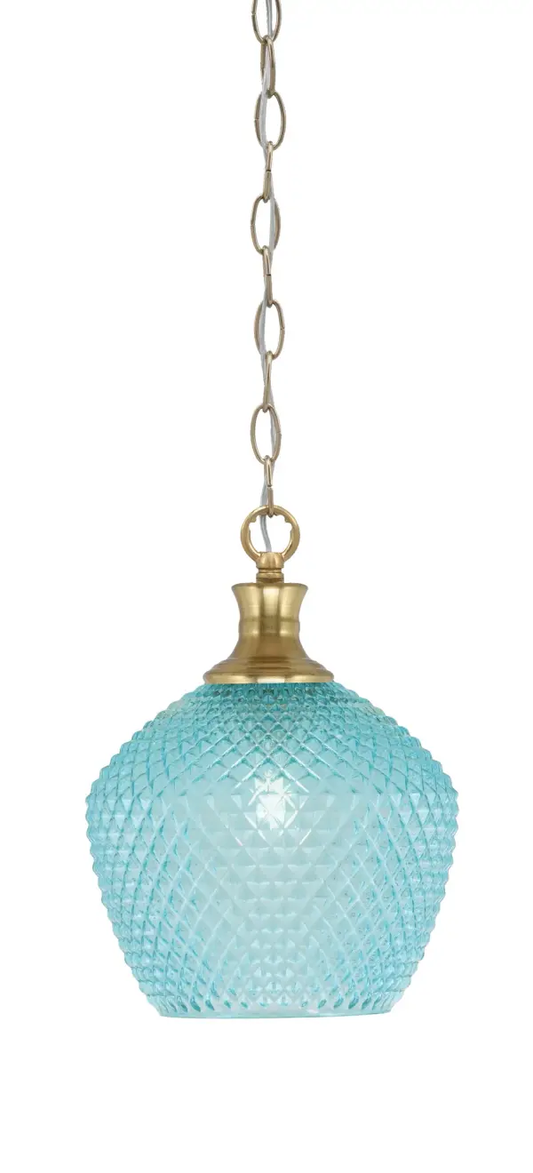 The Zola pendant combines eye-catching turquoise textured glass with a sophisticated New Age Brass finish. Its compact 9-inch size makes it perfect for smaller spaces or grouped installations over kitchen islands.
