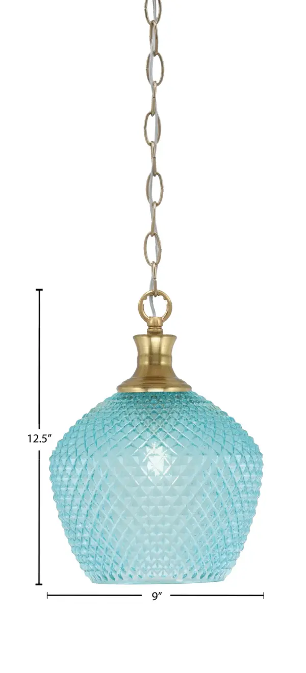 The Zola pendant combines eye-catching turquoise textured glass with a sophisticated New Age Brass finish. Its compact 9-inch size makes it perfect for smaller spaces or grouped installations over kitchen islands. - alternate view