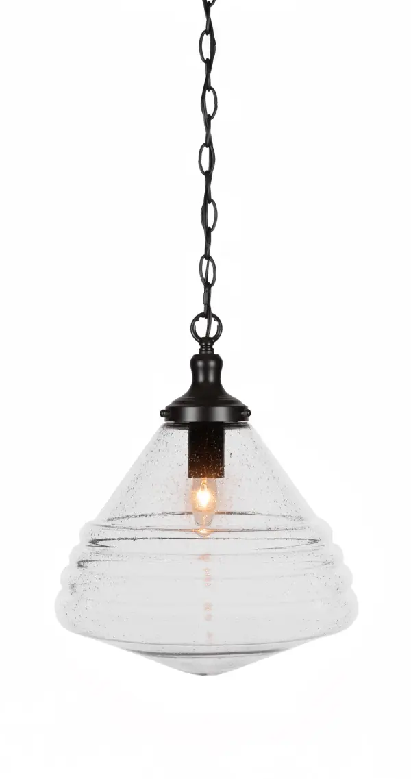 The Juno pendant combines a sleek matte black finish with distinctive clear bubble glass, creating visual interest and warm ambient lighting. Its adjustable chain allows versatile installation heights.