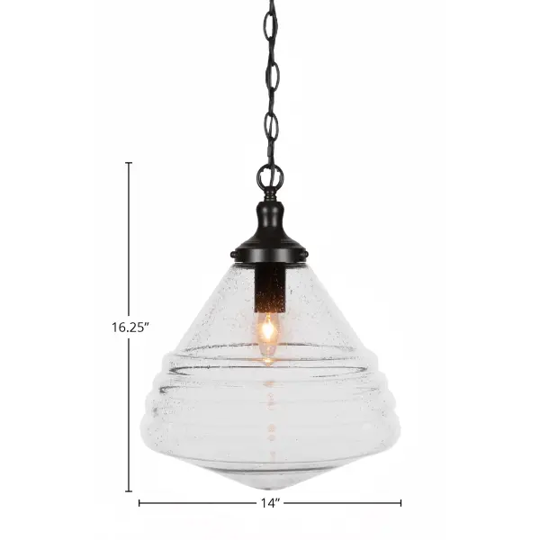 The Juno pendant combines a sleek matte black finish with distinctive clear bubble glass, creating visual interest and warm ambient lighting. Its adjustable chain allows versatile installation heights. - alternate view