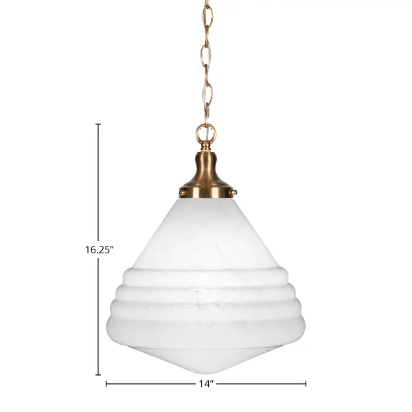 The Juno pendant combines contemporary brass finish with classic white marble glass for sophisticated lighting. At 14 inches wide, it's perfectly sized for kitchen islands, dining areas, and entryways. Adjustable height and dimmable capability offer versatility. - alternate view