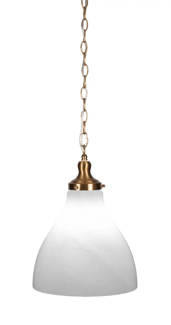 The Juno pendant combines timeless brass finish with white marble glass for versatile ambient lighting. Compact 11.75" diameter suits smaller spaces while adjustable chain height offers installation flexibility.