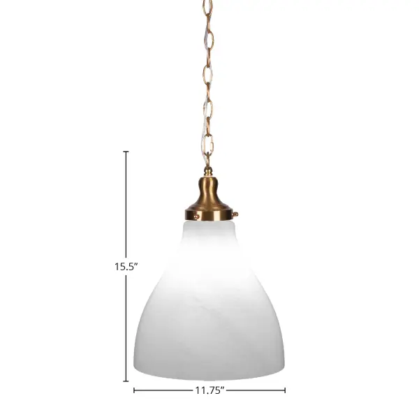 The Juno pendant combines timeless brass finish with white marble glass for versatile ambient lighting. Compact 11.75" diameter suits smaller spaces while adjustable chain height offers installation flexibility. - alternate view