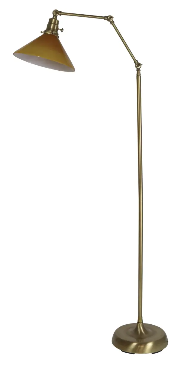 The Otis floor lamp combines industrial style with practical functionality. Three points of adjustment allow precise light positioning, while the warm amber glass shade softens the light for comfortable task illumination.