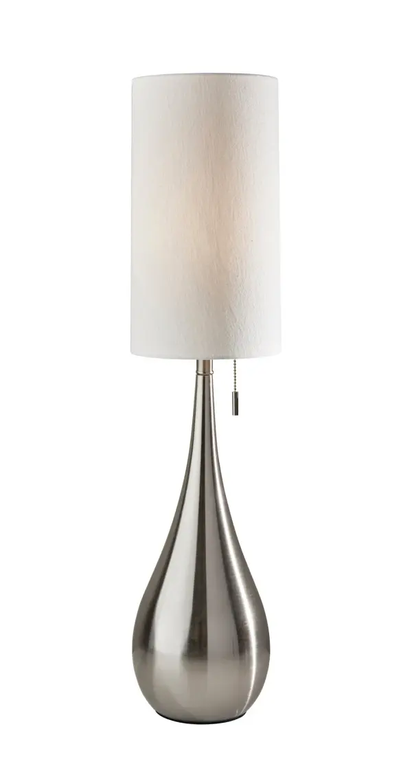 The Christina Table Lamp brings sophisticated contemporary style with its 34.5" tall teardrop silhouette and brushed steel finish. The textured white fabric drum shade softens the minimalist design while providing warm ambient lighting.