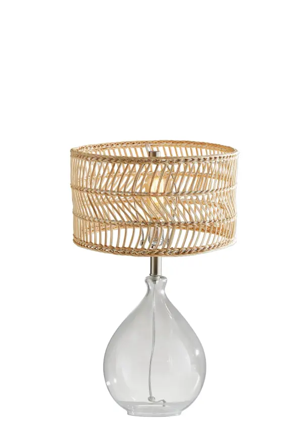 The Cuba Teardrop brings effortless island style with its clear glass teardrop base and sustainable natural rattan shade. Complete with a vintage 60W bulb, this 23" lamp creates warm, textured lighting perfect for coastal-inspired spaces.