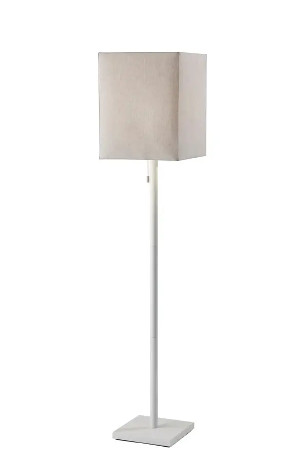 The Estelle floor lamp delivers sophisticated simplicity with its square metal base, matte white finish, and coordinating taupe fabric shade. At 61 inches tall, it provides ample illumination for living spaces while maintaining a sleek, modern profile that complements any decor.