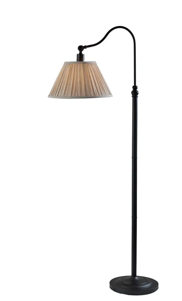 This floor lamp features a gracefully curved arm and a pleated shade for a look that feels refined and timeless. The traditional-inspired silhouette brings softness and character, while the slim profile keeps it versatile for modern living spaces. It works beautifully beside seating areas, reading chairs, and sofas. Collection: Shiloh Finish: Black Glass: Soft Pleated Oatmeal Linen Width: 15.00" Height: 63.00" Length: 27.00" Weight: 19.38 lb Extension from Wall: 27.00" Wire: 60" Black Maximum Wattage: 100.00 W Bulb Base: E26 Material: Metal:60%, Fabric:30%, Electrical parts:10% Country of Origin: Cambodia Safety Listing: ETL Switch: Rotary Socket Switch