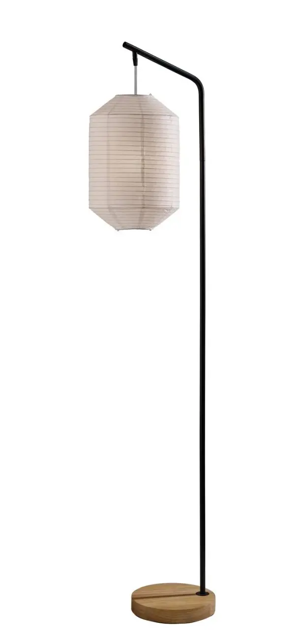 Keanu Floor Lamp in Black pairs a black finish a white paper for a warm, styled glow. Sized at H: 64.5", W: 10", D: 16" with a 10" Dia. base and a foot step switch. Uses E26 bulb base (max 100W/16W). Collection: Keanu Finish: Black Glass: White Paper Width: 10.00" Height: 64.50" Length: 16.00" Weight: 7.99 lb Extension from Wall: 16.00" Wire: 60" Clear Maximum Wattage: 100.00 W Bulb Base: E26 Material: Metal:50%, Wood:10%,, Paper:30%, Electrical part:10% Country of Origin: Cambodia Safety Listing: ETL Switch: Foot Step Switch