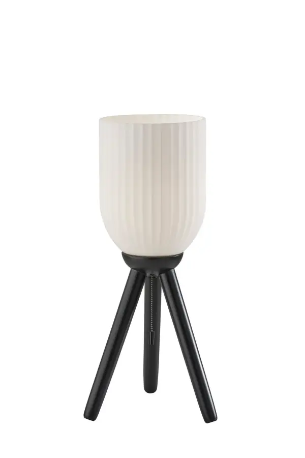 The Kinsley table lamp blends natural materials with geometric design, featuring a black wood tripod base and cylindrical frosted ribbed glass shade. At 22.5" tall, it's ideal for bedside tables and desks, offering softly diffused lighting.