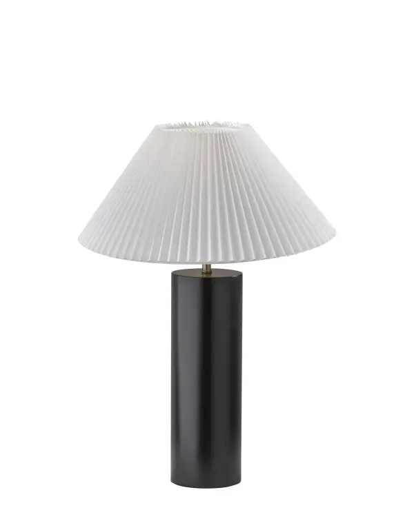 The Marta Table Lamp combines sophisticated black wood craftsmanship with a classic white pleated fabric shade, standing 25.5 inches tall to create an impressive presence in any space while providing warm, inviting illumination.