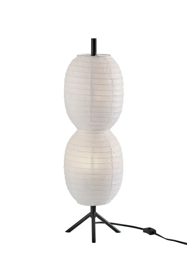 Lanai Table Lamp features a black finish, a white paper for a polished, easy-to-style look. Sized at H: 26.75", W: 8", D: 8" with a in-line switch. Uses E26 bulb base (max 240W/10W). Collection: Lanai Finish: Black Glass: White Paper Width: 8.00" Height: 26.75" Length: 8.00" Weight: 4.53 lb Extension from Wall: 8.00" Wire: 60" Clear Number of Bulbs: 2 Maximum Wattage: 40.00 W Bulb Base: E26 Material: Metal:30%, Paper:60%, Electrical parts:20% Country of Origin: Cambodia Safety Listing: ETL Switch: In-Line Switch