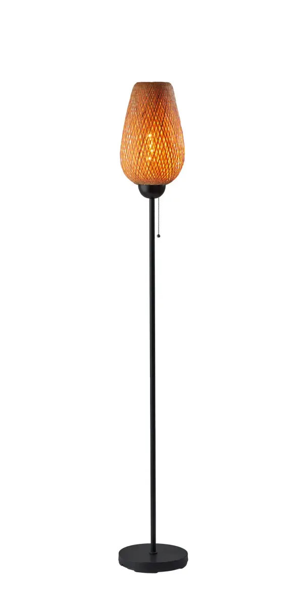 The Hugo Floor Lamp brings beach-bungalow charm with its natural bamboo tulip-shaped shade and sleek black metal base. Standing 68.25" tall with a compact 10" footprint, it delivers warm ambient lighting perfect for relaxed, coastal-inspired spaces.