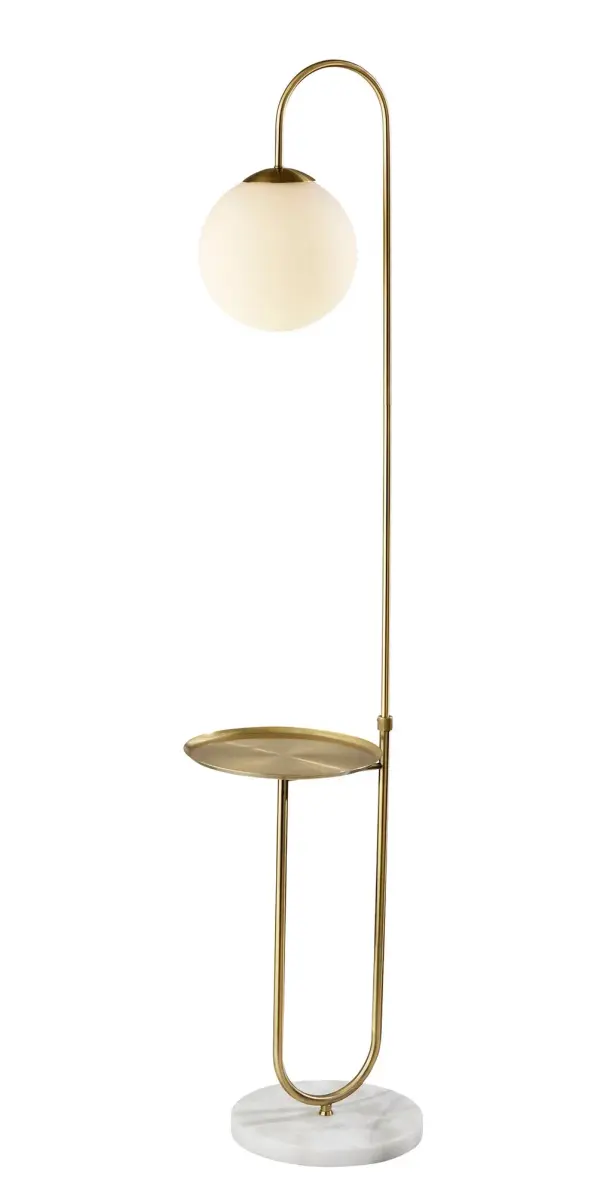 The Terra Shelf Floor Lamp masterfully blends timeless elegance with practical design. Featuring an antique brass finish, white marble base, and integrated 23-inch table shelf, this 61.25-inch lamp offers both ambient lighting and functional surface space.