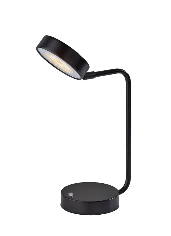 This compact LED table lamp features a slim bent metal arm and a wide circular head for focused, modern task lighting. The minimalist silhouette keeps the look clean and versatile, while the integrated LED design delivers everyday function without added bulk. It is a practical accent for desks, nightstands, and work surfaces. Collection: Amari Finish: Black Glass: Metal Width: 5.00" Height: 12.00" Length: 10.00" Weight: 3.41 lb Extension from Wall: 10.00" Wire: 36" Black Maximum Wattage: 2.60 W Bulb Base: Integrated Light Source: LED Material: Plastic -5% Metal - 60% Electric Parts - 20% Packing - 15% Country of Origin: Vietnam Safety Listing: UL Switch: Touch Switch Title 20 LED
