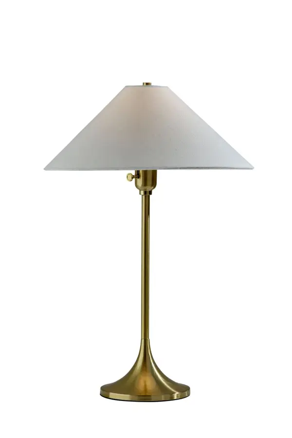 This table lamp balances a tall pleated drum shade with a sculptural stacked base for a look that feels both bold and refined. The strong vertical silhouette adds height to a room, while the textured shade softens the light for a warm ambient glow. It makes a stylish statement on consoles, nightstands, and side tables. Collection: Esme Finish: Antique Brass Glass: White Textured Fabric Width: 15.00" Height: 22.00" Length: 15.00" Weight: 4.62 lb Extension from Wall: 15.00" Wire: 72" Clear Maximum Wattage: 60.00 W Bulb Base: E26 Light Source: Incandescant Material: Metal 45% Fabric 15 % Plastic 25% Packing - 15% Country of Origin: Vietnam Safety Listing: UL Switch: Rotary Socket Switch