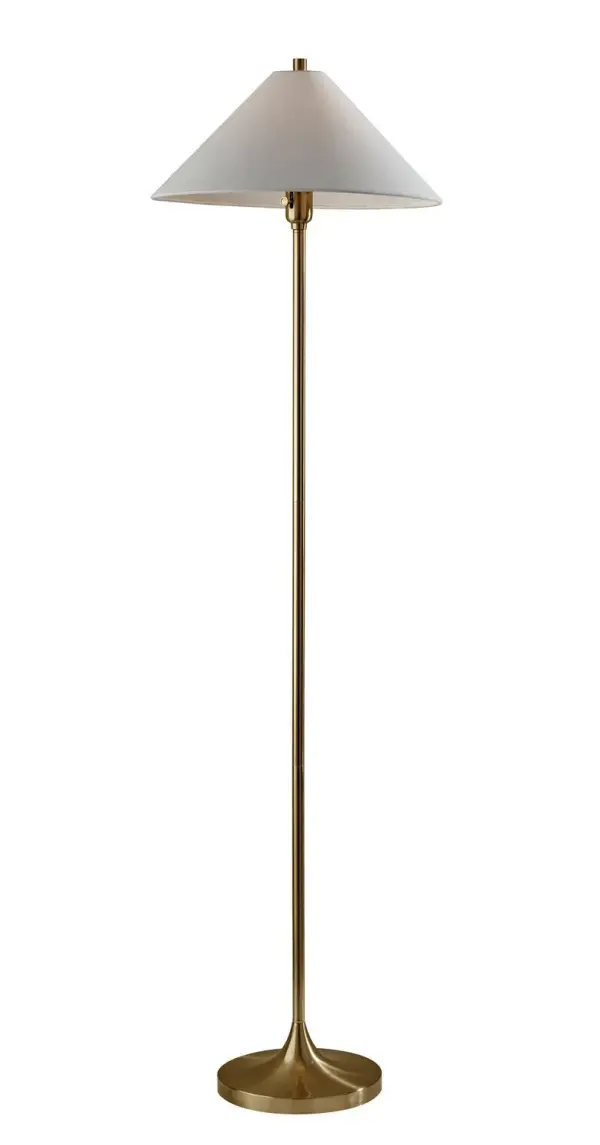 Esme Floor Lamp in Antique Brass pairs a antique brass finish a white textured fabric for a warm, styled glow. Sized at H: 60", W: 17", D: 17" with a 10" Dia. base and a rotary socket switch. Uses E26 bulb base (max 60W (Not Included)). Collection: Esme Finish: Antique Brass Glass: White Textured Fabric Width: 17.00" Height: 60.00" Length: 17.00" Weight: 11.22 lb Extension from Wall: 17.00" Wire: 144" Clear Maximum Wattage: 60.00 W Bulb Base: E26 Light Source: Incandescant Material: Metal 45% Fabric 15 % Plastic 25% Packing - 15% Country of Origin: Vietnam Safety Listing: UL Switch: Rotary Socket Switch