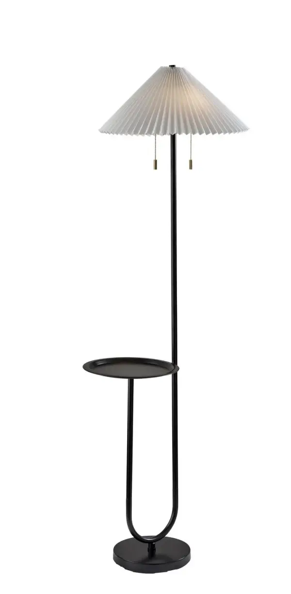 Uma Shelf Floor Lamp in Black pairs a black finish, a kd white knife pleated fabric, a built-in shelf for everyday essentials for a warm, styled glow. Sized at H: 63", W: 16", D: 22" with a 10" Dia. base and a rotary socket switch. Uses E26 bulb base (max 100W (Not Included)). Collection: Uma Finish: Black Glass: KD White Knife Pleated Fabric Width: 16.00" Height: 63.00" Length: 22.00" Weight: 11.88 lb Extension from Wall: 22.00" Wire: 144" Black Maximum Wattage: 100.00 W Bulb Base: E26 Light Source: Incandescant Material: Metal 45% Wood 15% Fabric 15 % Plastic 25% Others 15% Country of Origin: Vietnam Safety Listing: UL Switch: Rotary Socket Switch