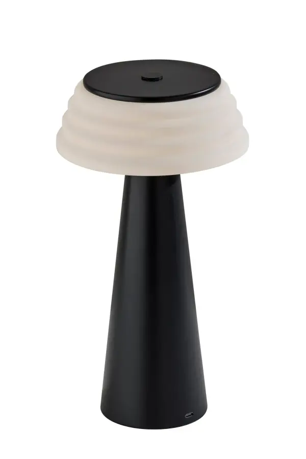 The Jacky Cordless LED Table Lamp combines portability with style, featuring a sleek black finish and ribbed white shade. Perfect for both indoor and outdoor use with IPX4 water resistance, rechargeable battery, and 3-level touch dimming.