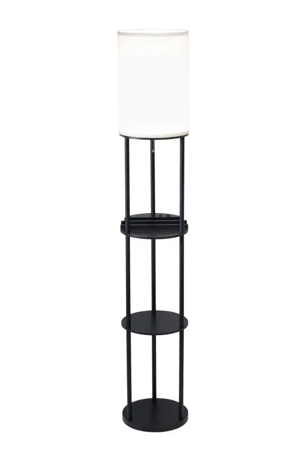This innovative floor lamp combines ambient lighting with practical storage and device charging capabilities. Three round shelves provide display space while the top shelf features a dedicated charging station with USB and AC outlets, perfect for modern tech-enabled living.