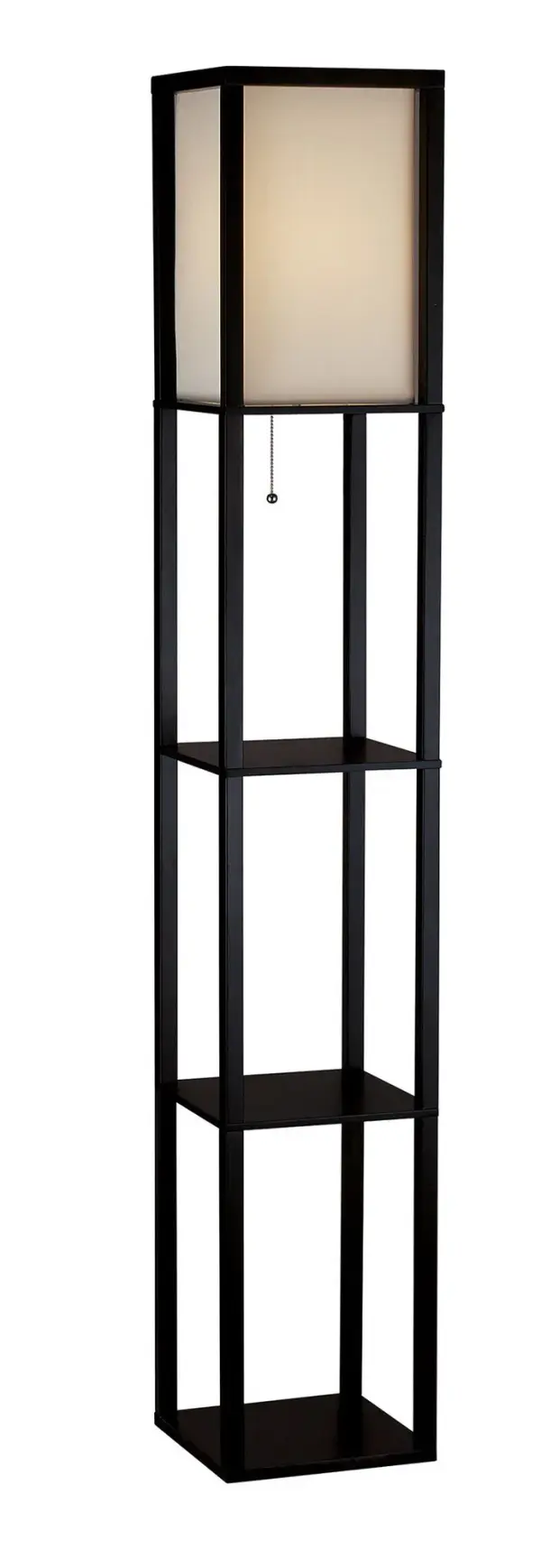 The Wright floor lamp merges form and function with its open box frame design featuring three display shelves. Perfect for small spaces needing both ambient lighting and storage, this 63-inch tall lamp adds modern industrial style.