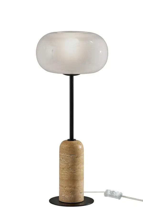 The Byron Table Lamp combines contemporary design with organic elements, featuring a sleek black finish, white glass shade with dual finish, and distinctive travertine stone base for refined elegance.