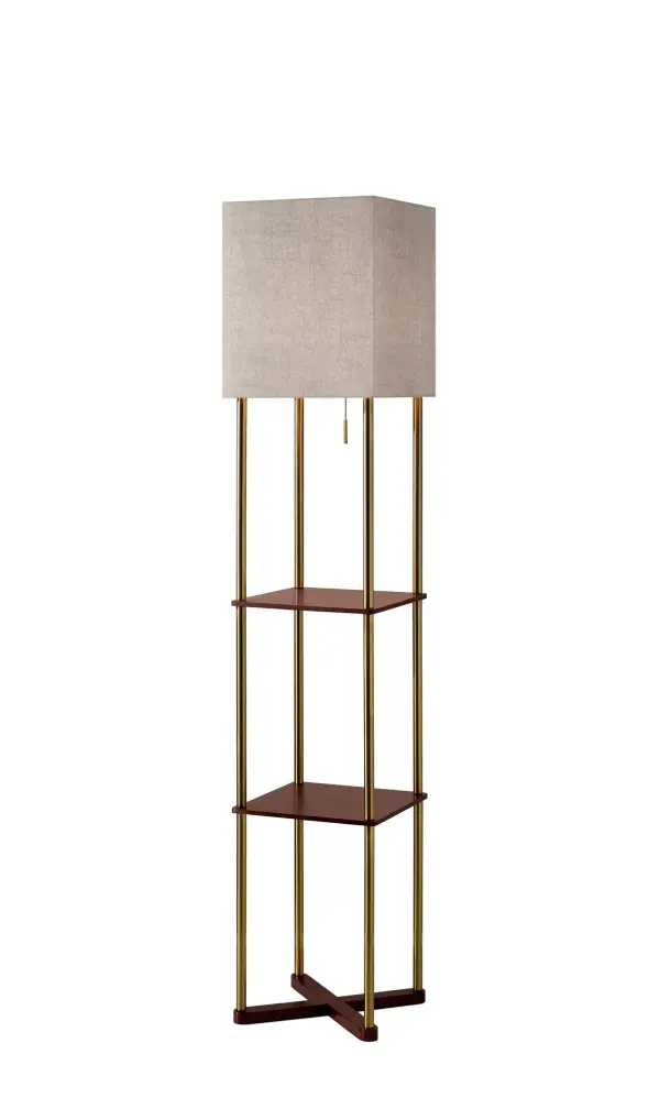 The Harrison Shelf Floor Lamp combines classic design with modern functionality, featuring two walnut shelves for display and storage, plus convenient USB charging ports. The antique brass finish and natural linen shade create a warm, versatile look.