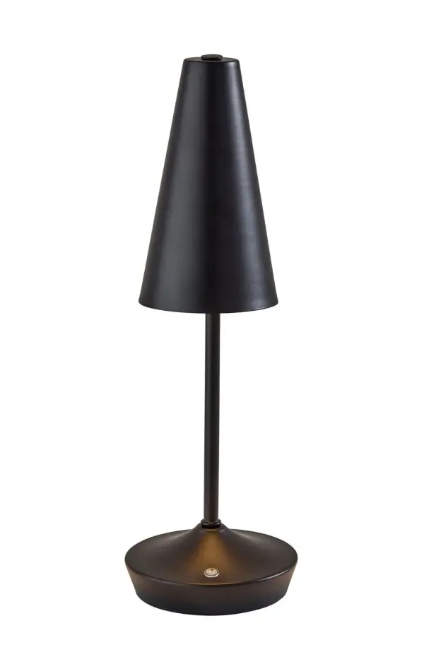 This cordless accent lamp features a slim flared base and a crisp conical shade for a clean, understated look. The silhouette feels modern and elegant, making it easy to style on a console, nightstand, or dining table. Its rechargeable design offers flexible placement without the distraction of a cord. Collection: Flynn Finish: Black Glass: Black Metal Width: 4.50" Height: 14.25" Length: 4.50" Weight: 4.00 lb Extension from Wall: 4.50" Wire: 39" Black USB Cord Maximum Wattage: 2.00 W Bulb Base: Integrated Light Source: LED Material: Iron:90% Electric:10% Country of Origin: China Switch: 4-way touch switch LED