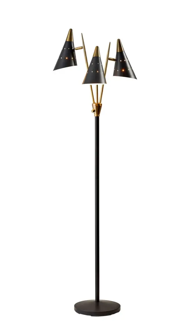 The Nadine 3-Arm Floor Lamp combines mid-century modern aesthetics with practical functionality. Three adjustable cone shades provide both ambient and task lighting, while the matte black and antique brass finish adds sophistication to any space.