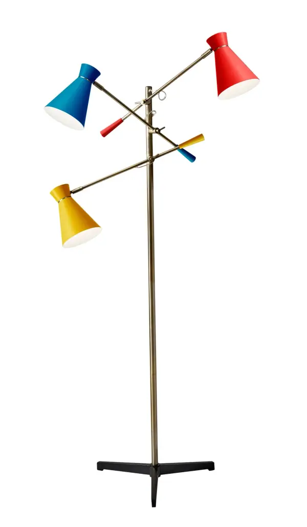 The Lyle 3-arm floor lamp combines iconic mid-century modern design with practical functionality. Featuring primary color shades in red, yellow, and blue, adjustable arms, and an antique brass finish with cast-iron tripod base.