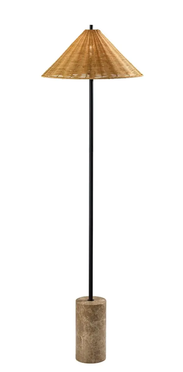 This floor lamp pairs a woven rattan-style shade with a cylindrical faux marble base for a look that feels warm, grounded, and collected. The natural texture of the shade softens the silhouette, while the substantial base adds visual weight and contrast. It brings an easy organic feel to living rooms, bedrooms, and relaxed modern interiors. Collection: Rayne Finish: Natural Rattan, Brown Marble Base With Black Glass: Rattan Width: 18.00" Height: 61.25" Length: 18.00" Weight: 11.00 lb Extension from Wall: 18.00" Wire: 60" Clear cord Maximum Wattage: 60.00 W Bulb Base: E26 Light Source: Incandescant Material: Rattan:40% Iron:10% Marble:30% Electric:10% Country of Origin: China Safety Listing: ETL Switch: On/off rotary switch