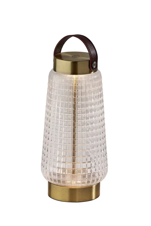 Samara Cordless LED Tall Table Lantern features a clear texture glass, antique brass finsh, brown leather finish, a iron&glass for a polished, easy-to-style look. Sized at H: 10.625", W: 5", D: 5" with a 4-way touch switch. Uses Integraded LED bulb base (max 2W LED 130 Lumens). Collection: Samara Finish: Clear Texture Glass, Antique Brass, Brown Leather Glass: Iron&glass Width: 5.00" Height: 10.63" Length: 5.00" Weight: 3.00 lb Extension from Wall: 5.00" Wire: 39" Black USB Cord Maximum Wattage: 2.00 W Bulb Base: Integrated Light Source: LED Material: Glass:60% Iron:25% Electric:10% Leather:5% Country of Origin: China Switch: 4-way touch switch LED