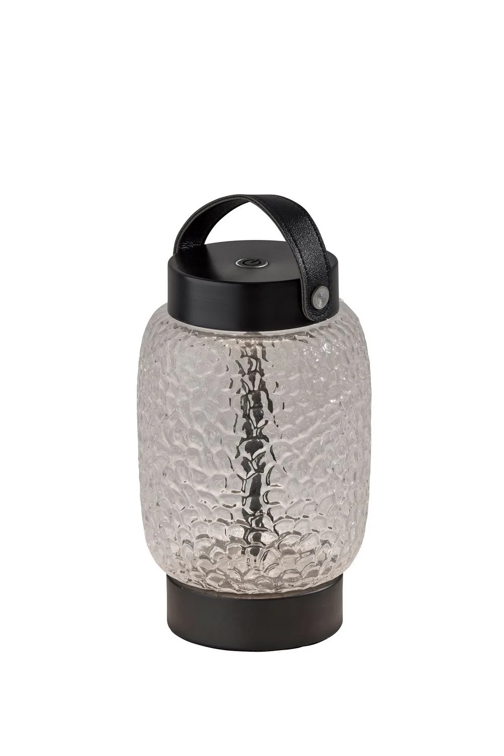 Cassius LED Table Lamp in Clear Texture Glass, Black Finsh, Black Leather