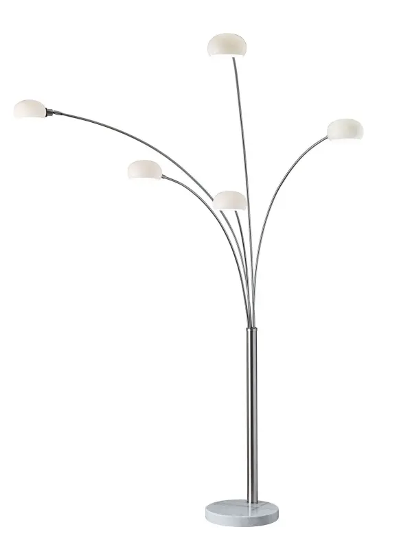 The Luna Arc Lamp combines modern sophistication with practical versatility. Five adjustable curved arms with milk glass shades provide customizable lighting, while the white marble base adds stability and elegance. Perfect for illuminating seating areas with style.