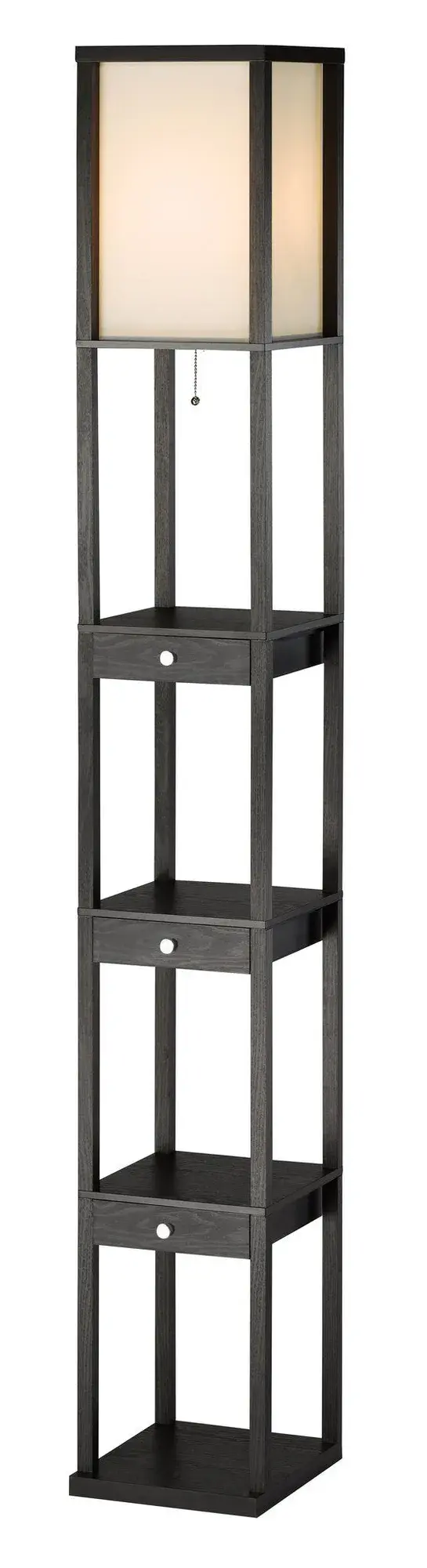 The Murray shelf lamp delivers triple-duty functionality with three storage drawers, display shelving, and ambient lighting in a sleek contemporary design. Perfect for small spaces needing both illumination and organization.