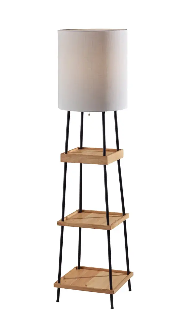 The Henry floor lamp combines contemporary design with practical functionality, featuring three natural wood shelves, Qi-certified wireless charging, dual USB ports, and a clean-lined aesthetic perfect for modern spaces.