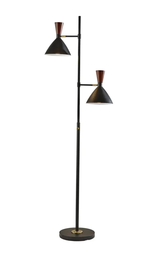 The Arlo Tree Lamp combines mid-century modern styling with practical functionality. Two adjustable shades provide both task and ambient lighting options, while walnut wood accents add warmth to the matte black finish.